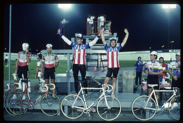 Danny Van Haute (left) and Mark Whitehead after Whitehead wins the 1983 Madison Nationals at Indianapolis, in 1983© Tom Moran
